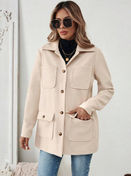 Damen Modische Utility-Jacke mit großen Taschen und goldenem Druck EB