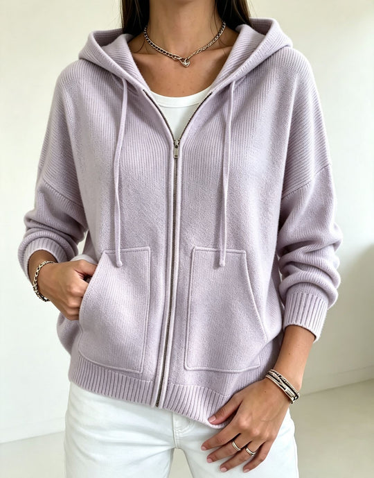 Damen Kapuzen-Wollmix Zip-Cardigan mit kastiger Passform und Kängurutaschen EB