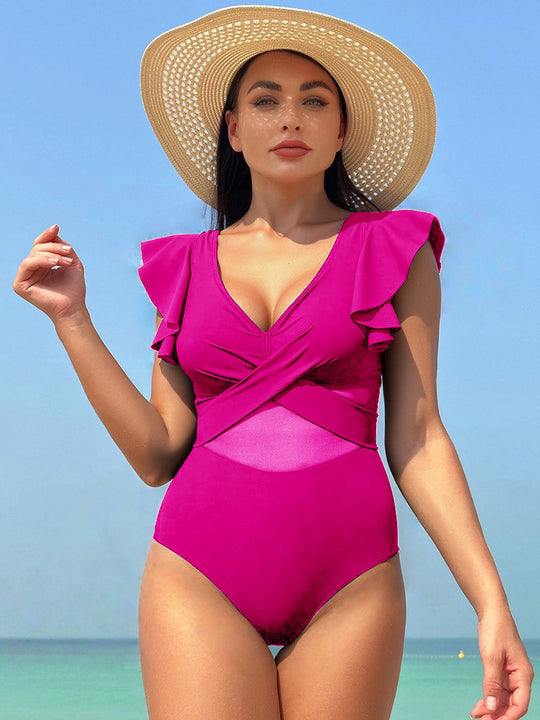 Damen Eleganter Einteiler Badeanzug mit asymmetrischem Rüschendesign EB