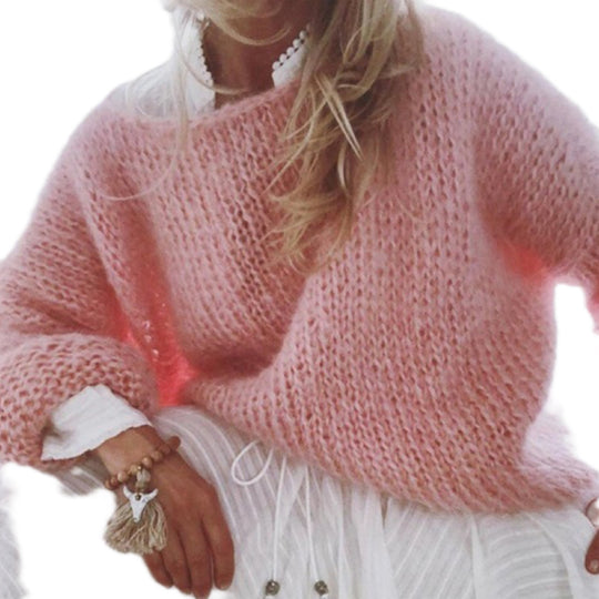 Damen Kurzgeschnitteter flauschiger Grobstrickpullover mit überschnittener Schulter EB