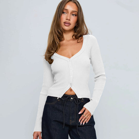 Damen Elegantes Ripp-Cardigan mit V-Ausschnitt und Knopfleiste EB