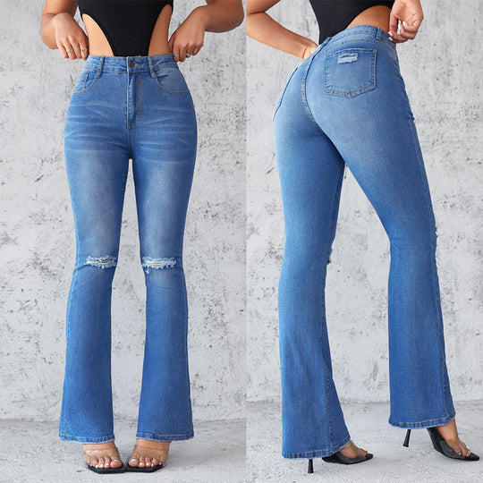 Damen Flared Jeans im modernen Used-Look mit eleganten Rissen und hohem Taillenbund EB
