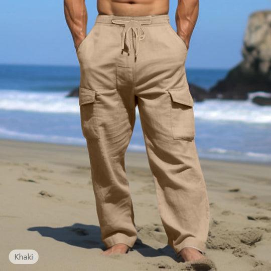 Herren nan weite Freizeit-Cargohose aus Leinenmix mit Tunnelzugbund, aufgesetzten Klappentaschen und entspanntem Strandfit EB
