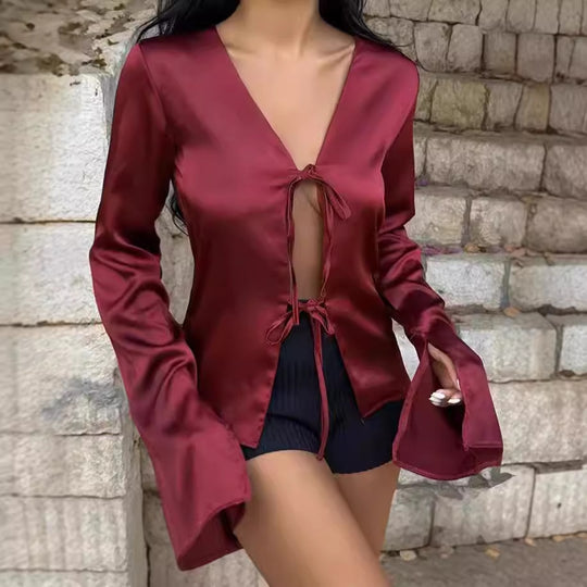 Damen Satin-Bluse mit tiefem V-Ausschnitt und Bindebändern EB