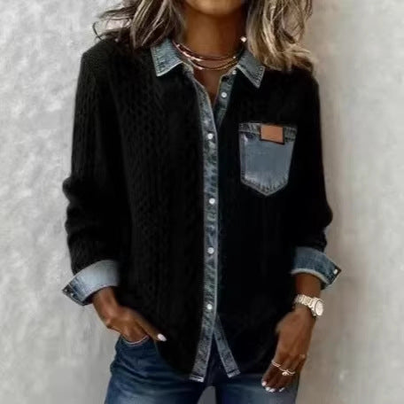 Damen nan geflochtener Strickpullover mit integriertem Jeanskragen und Brusttasche EB