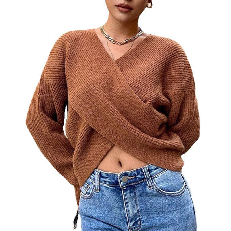 Damen modischer Oversized-Strickpullover mit Wickeldesign und strukturiertem Stoff EB