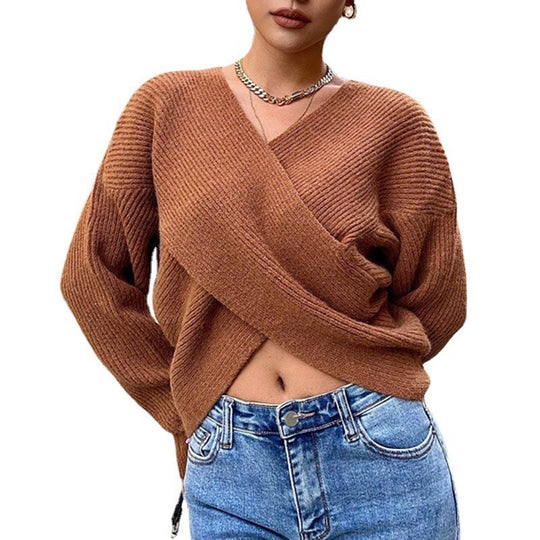 Damen modischer Oversized-Strickpullover mit Wickeldesign und strukturiertem Stoff EB