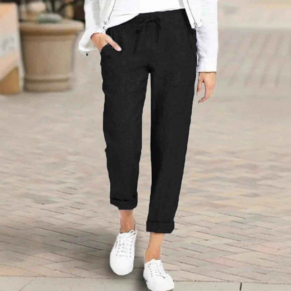 Damen entspannte Leinenhose mit elastischem Bund und praktischen Taschen EB