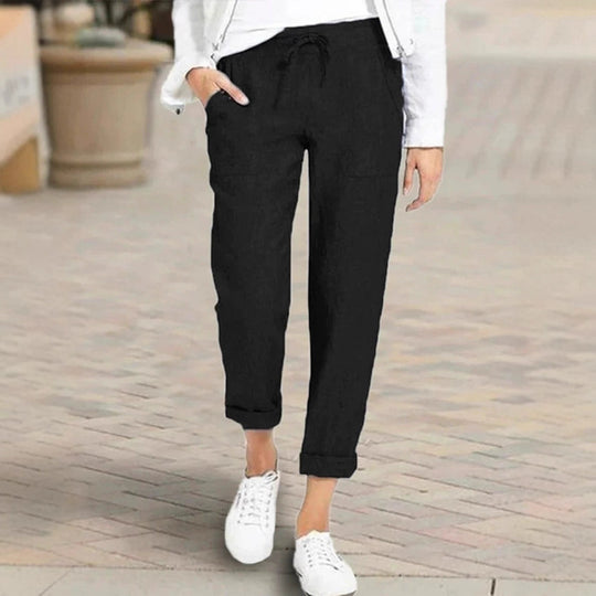 Damen entspannte Leinenhose mit elastischem Bund und praktischen Taschen EB