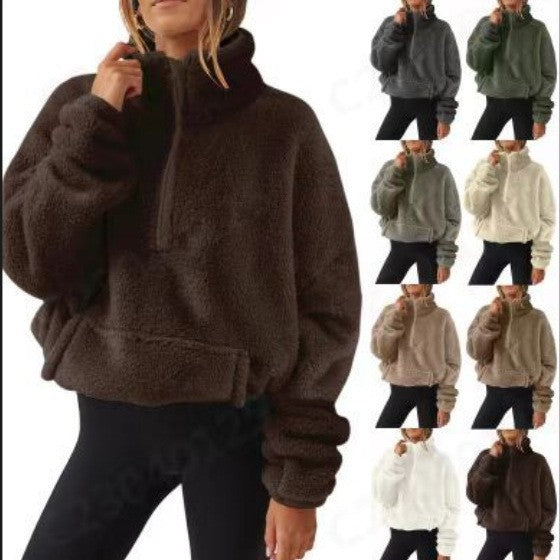 Damen nan Oversize-Halbzip Teddy-Fleecepullover mit Kängurutasche und hohem Stehkragen EB