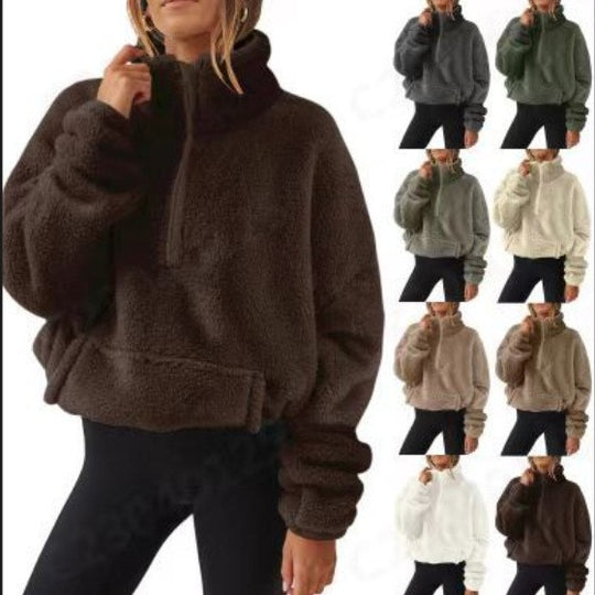 Damen nan Oversize-Halbzip Teddy-Fleecepullover mit Kängurutasche und hohem Stehkragen EB