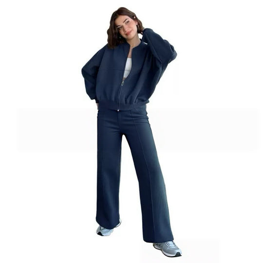 Damen nan kurz geschnittenes Blouson mit Reißverschluss und weiter High-Waist Jogginghose Set EB