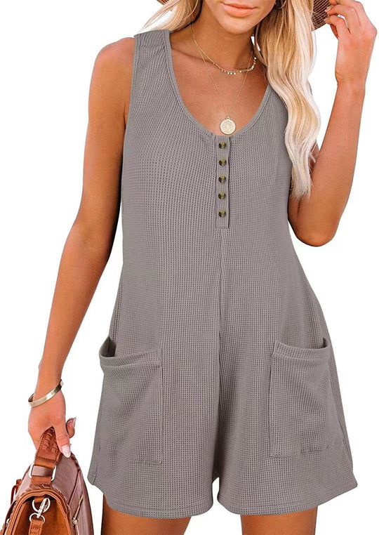 Damen lässiger Kurz-Jumpsuit mit Knopfleiste und Taschen EB