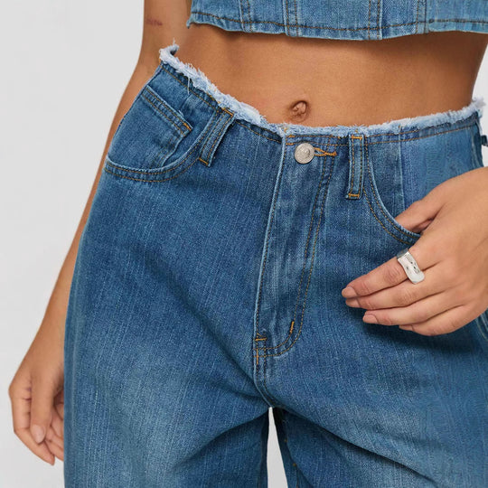 Damen nan hochgeschnittene Weitbein-Jeans mit rohem Bund, extra weitem Bein und Fünf-Taschen-Schnitt EB