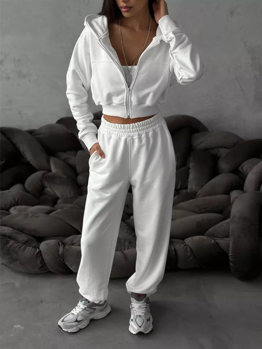 Damen kurzes Zip-Kapuzensweatshirt mit tailliertem Bündchen und weitem High‑Waist French‑Terry Jogginghose Set EB