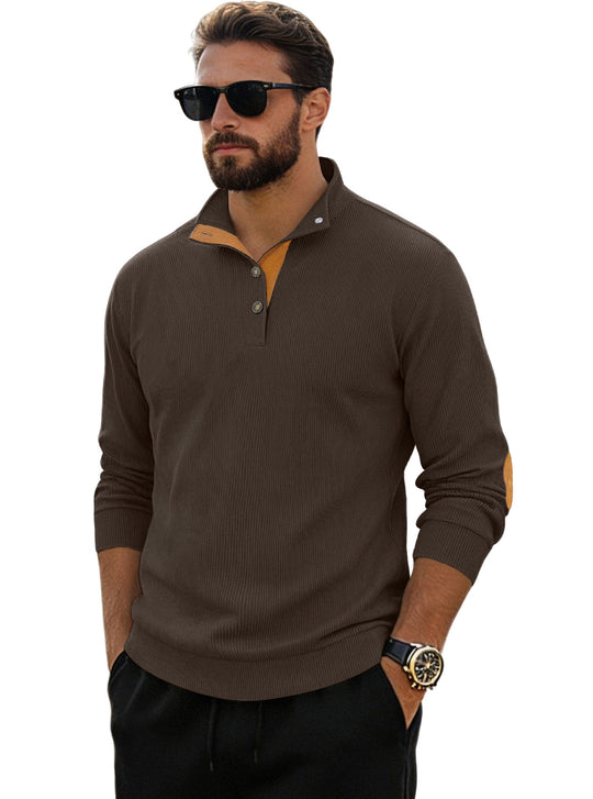Herren nan fein gerippter Strickpullover mit Polokragen Knopfleiste und Ellenbogenbesatz EB