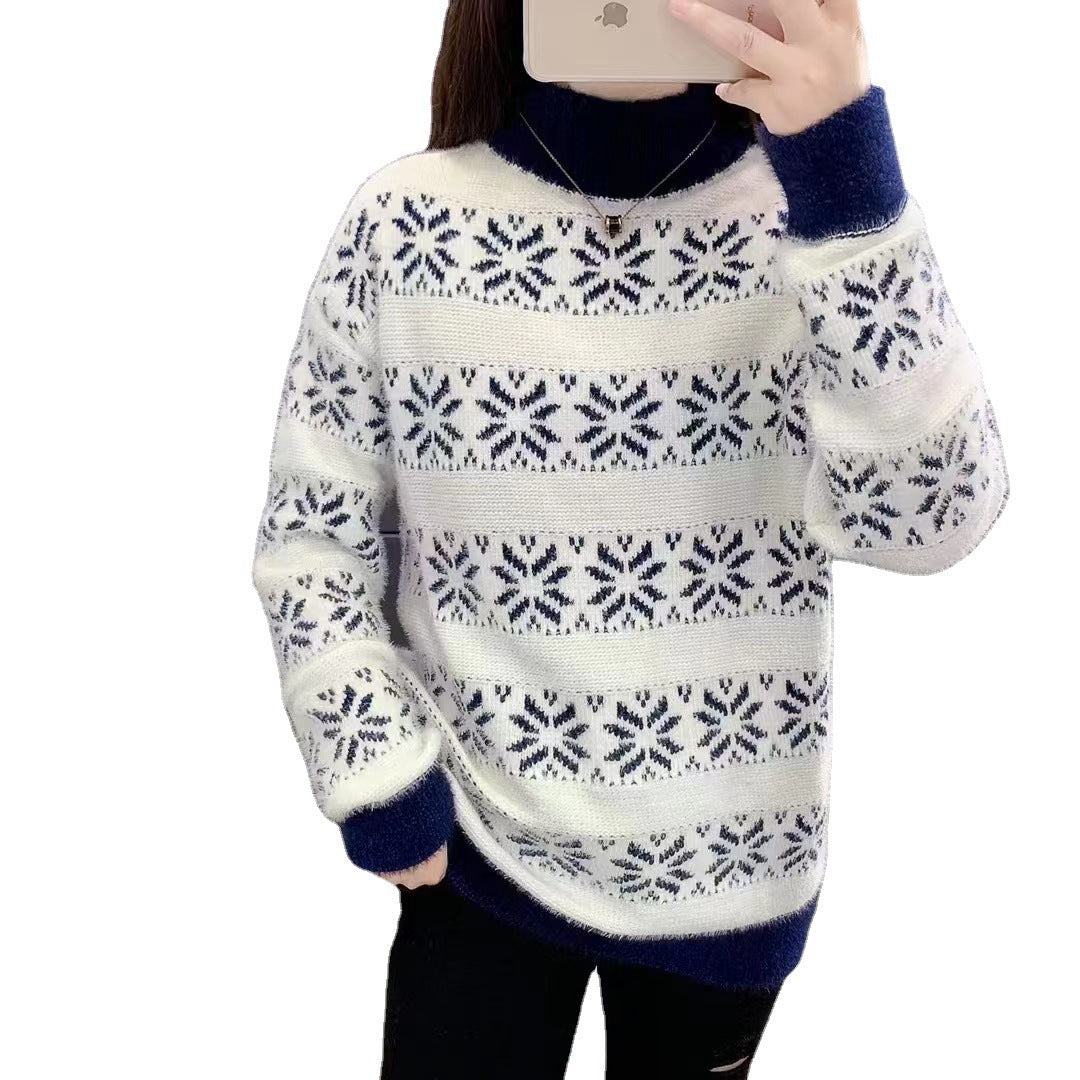 Damen Strickpullover mit modernem Schneeflocken-Muster und Stehkragen EB