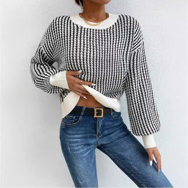Damen lässiger Strickpullover mit voluminösen Ärmeln und strukturiertem Muster EB
