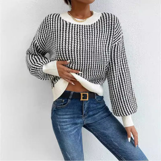 Damen lässiger Strickpullover mit voluminösen Ärmeln und strukturiertem Muster EB