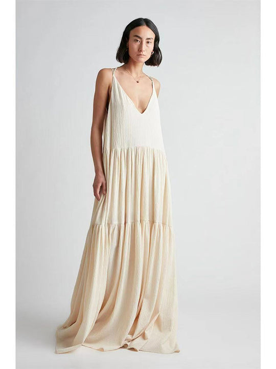Damen Maxikleid mit tiefem V-Ausschnitt und voluminösem Rock EB