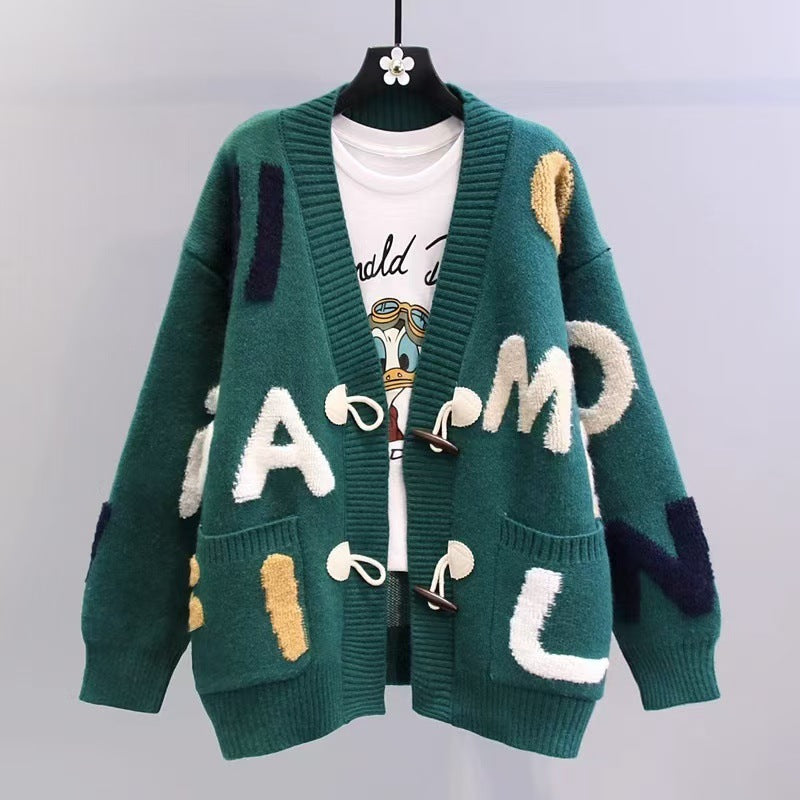 Damen Grobstrick-Cardigan mit bunten Applikationen und großen Taschen EB