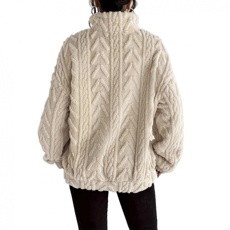 Damen kuscheliger Fleece-Pullover mit hochgeschlossenem Kragen und Reißverschluss EB