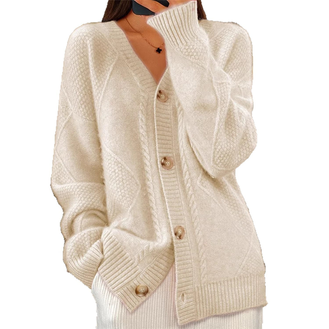 Damen nan oversized Strickcardigan mit Zopfmuster, V‑Ausschnitt und großen Knöpfen EB