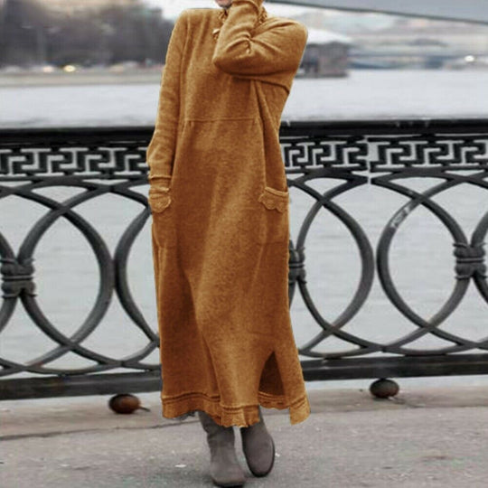 Damen nan langes Strickmaxikleid mit Seitenschlitzen und aufgesetzten Taschen EB