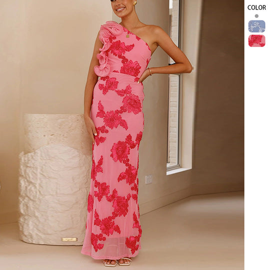 Damen Elegantes und figurbetontes Maxikleid mit asymmetrischem Träger und floralen Applikationen EB