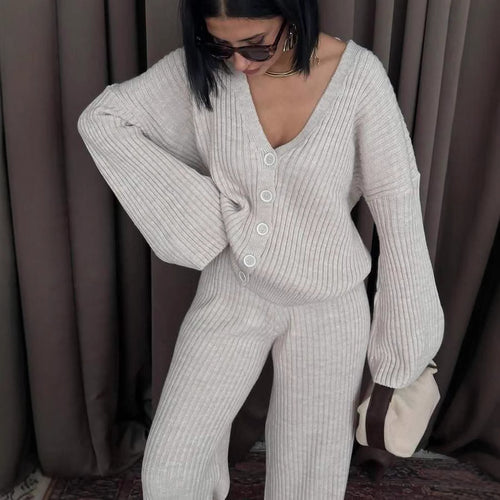 Damen Strick-Loungewear-Set mit weiten Ärmeln und Knopfleiste EB