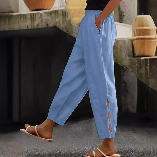 Damen Leichte Leinenhose mit seitlichen Schlitzen und elastischem Bund EB