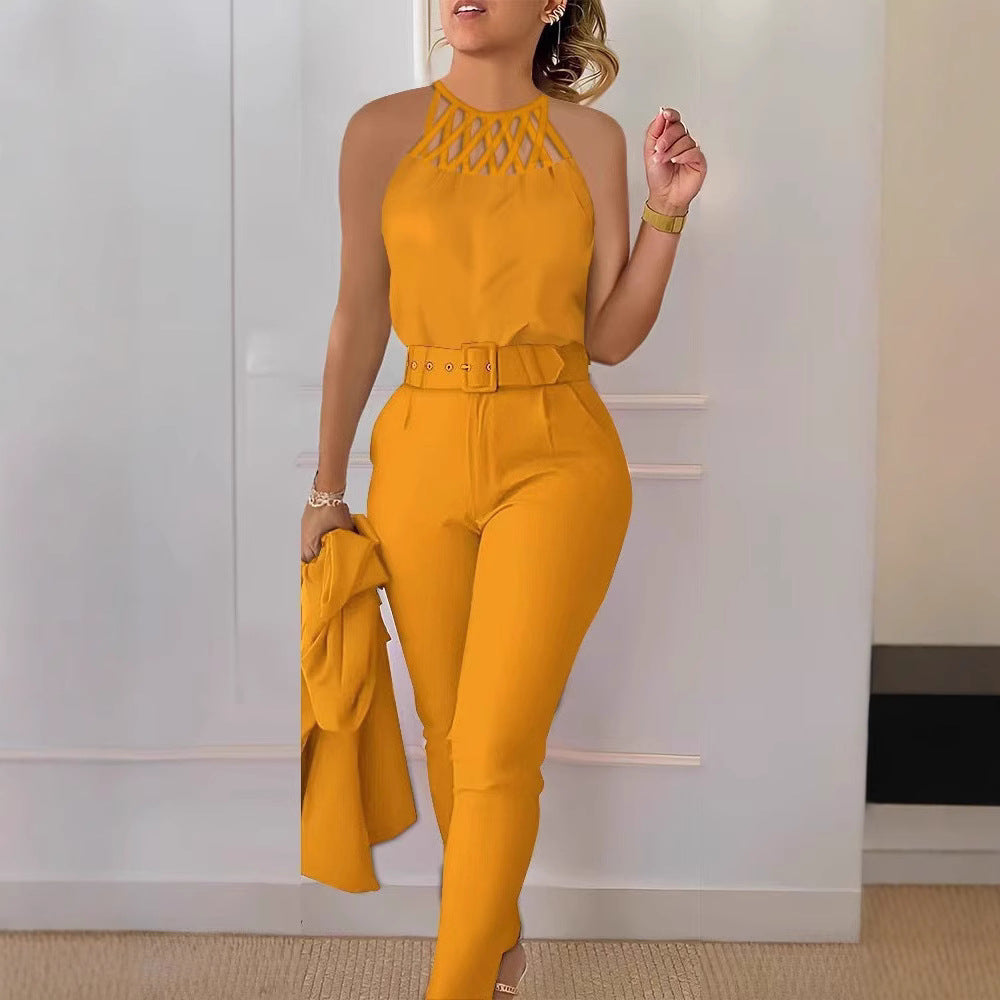 Damen Eleganter Jumpsuit mit schickem Gürtel und raffiniertem Cut-Out EB