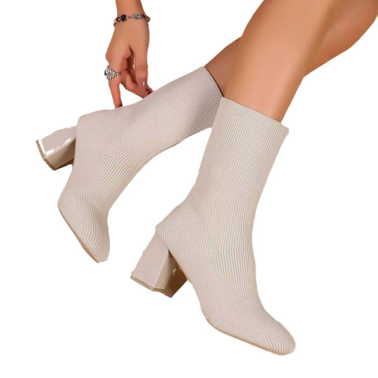 Damen Strickstiefeletten mit transparentem Blockabsatz und elastischem Schaft EB
