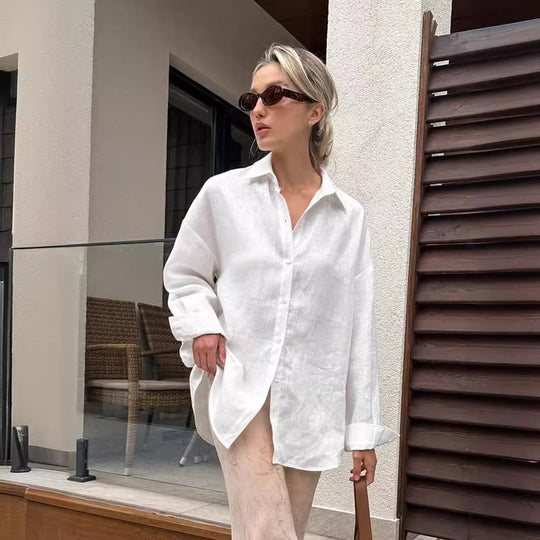 Damen Leinenhemd mit lässigem Schnitt und oversized Ärmeln EB