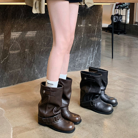 Damen Stiefel mit elegantem Riemenverschluss und modischem Falten-Design EB