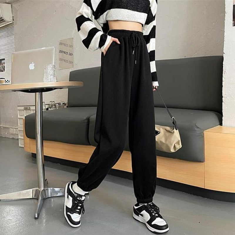 Damen nan weite hochgeschnittene Sweatpants mit elastischem Bund Kordelzug und gerippten Knöchelbündchen EB