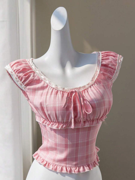Damen verspieltes Karomuster-Crop-Top mit Rüschendetails und Kordelzug EB