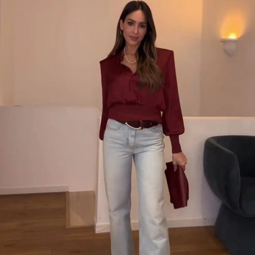 Damen Blusenshirt mit elastischem Bund und eleganten Knopfdetails EB