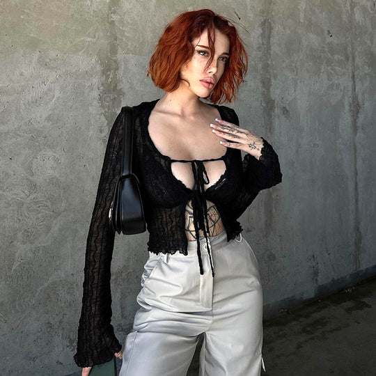 Damen trendige Crop-Bluse mit Schnüroption und transparentem Design EB
