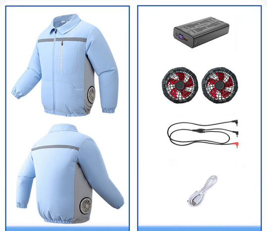Unisex nan ventilated work cooling jacket with side vent inserts, removable battery compartment and reflective inserts EB