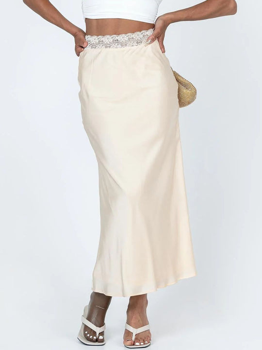 Damen eleganter Satin-Rock mit Spitzenbund EB