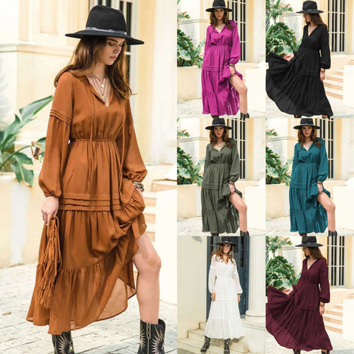 Damen Boho Maxikleid mit raffinierten Details und V-Ausschnitt EB