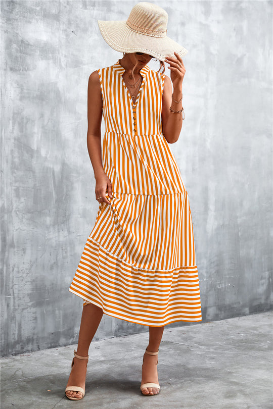 Damen Maxikleid mit gestreiftem Design, durchgehendem Knopfverschluss und voluminösem Saum EB