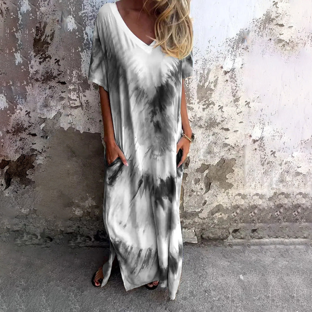 Damen Maxikleid mit V-Ausschnitt und seitlichen Taschen EB