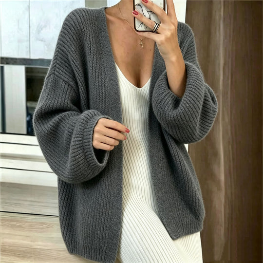 Damen Oversize-Cardigan aus grobem Rippstrick mit Ballonärmeln EB