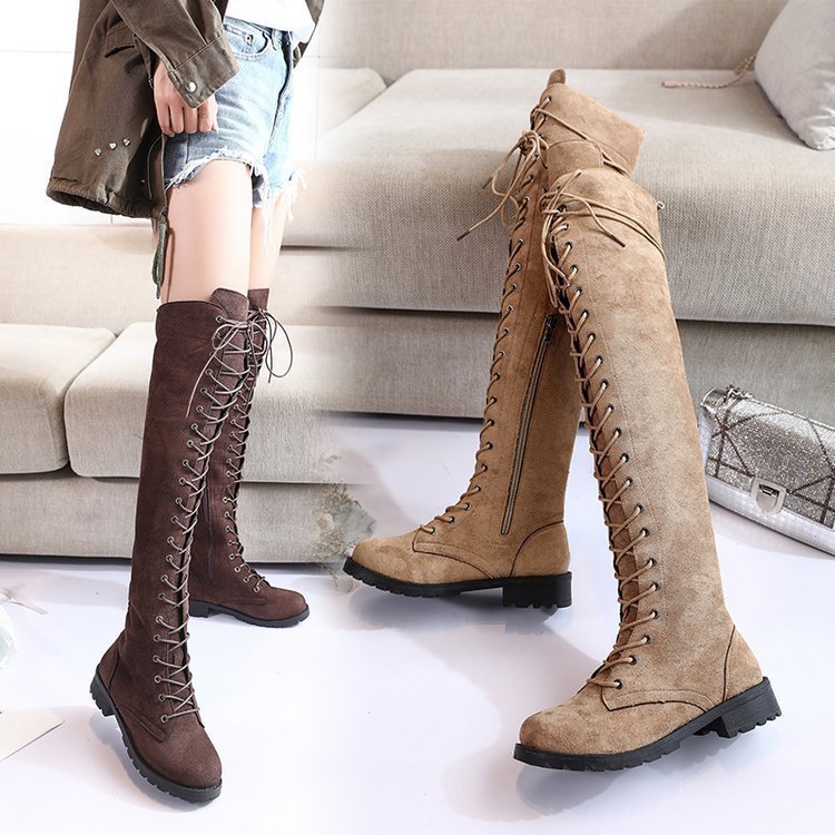 Damen Überknee-Stiefel mit modischem Schnür-Design und robustem Profil EB