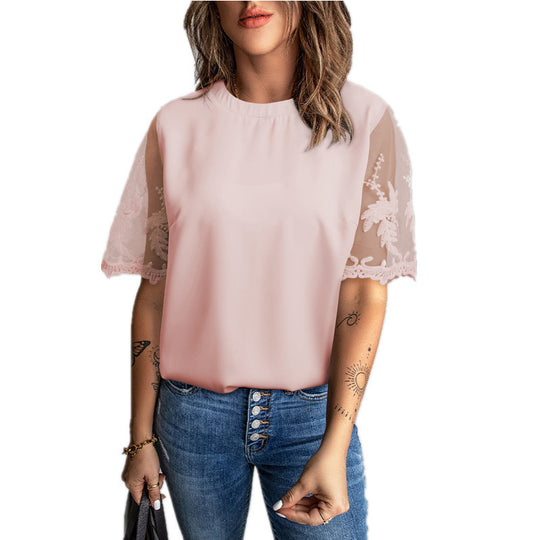 Damen Elegantes T-Shirt mit Spitze an den Ärmeln EB