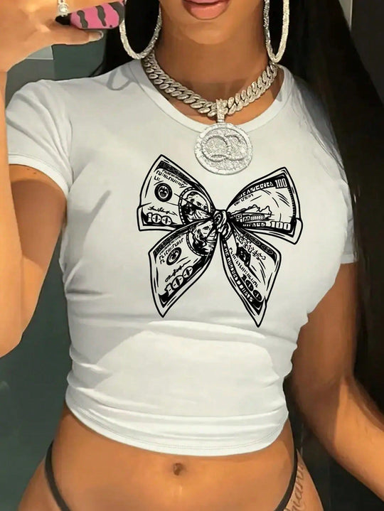 Damen Crop-Top mit kreativem Finanzmotiv und figurbetontem Schnitt EB