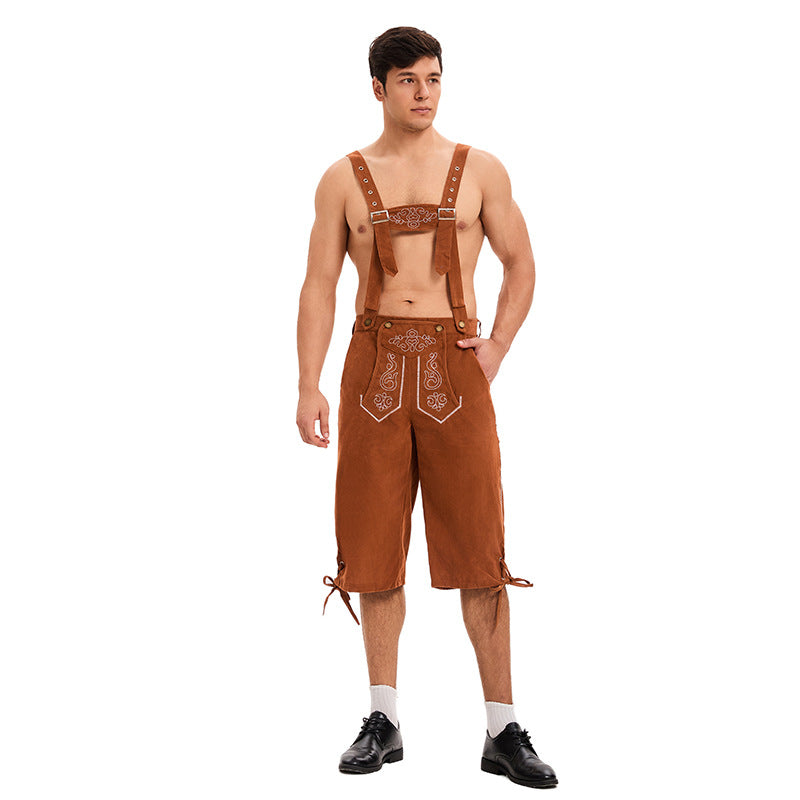 Herren nan knielange traditionelle Lederhose mit besticktem Brustlatz und verstellbaren Trägern EB