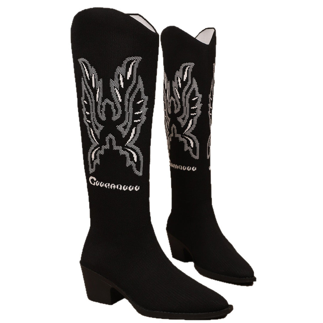 Damen Modische Stiefel mit hochwertigem Strickdesign und elegantem Blockabsatz EB